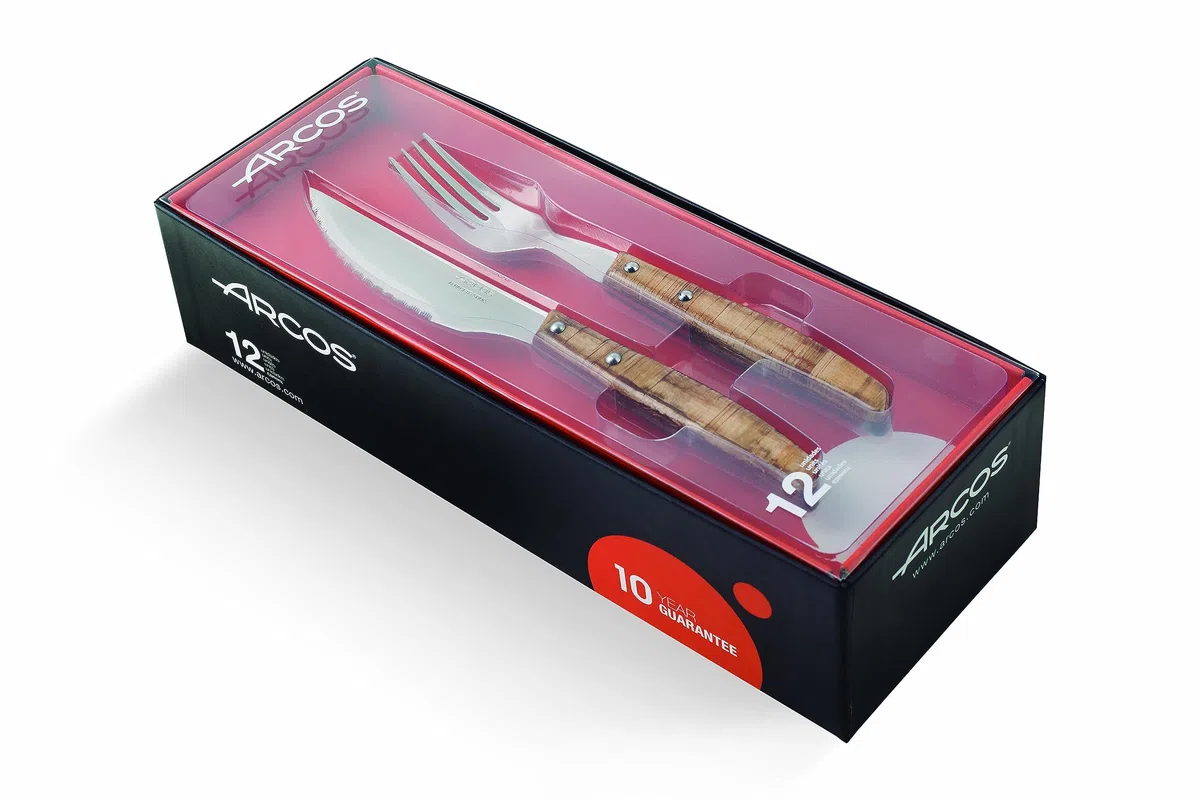 Arcos Juego Cuchillos carne 12 piezas Acero Inoxidable y Hoja - mm. Paquete Cuchillo bolsillo con filo perla cortar y filetear carne. Mango ergonómico polioximetileno POM. Serie Mesa. Color marrón.