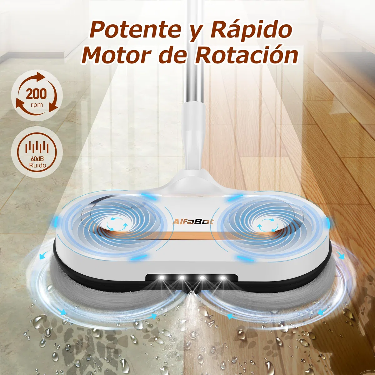 AlfaBot S2, Frefona Eléctrica Inalámbrica 400ML, 60min de Autonomía, Mopa Eléctrica sin Cable con Función de Pulverización y LED, Para Limpiar, Fregar y Pulir para Suelos de Madera y Baldosas