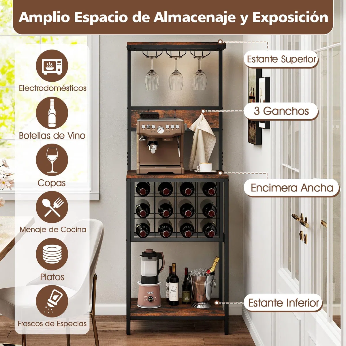 GOPLUS Estante de Vino Metálico, Armario de Licores Independiente Estilo Industrial con Estante Superior, 3 Ganchos, Amplio Tablero de Trabajo y Estante Inferior, Armario de Bar con Soporte