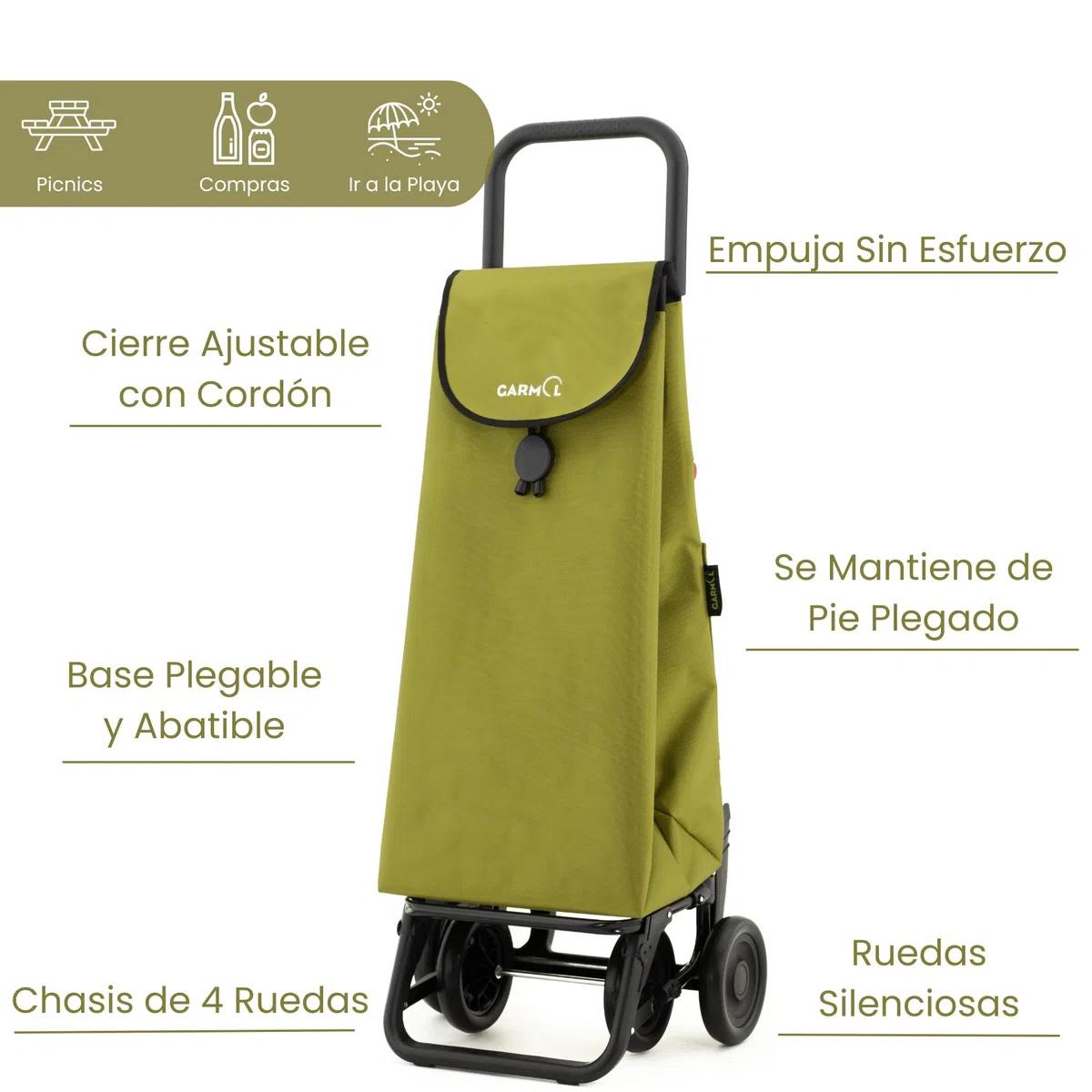 GARMOL Carro de la Compra Plegable 55 litros | Carro de la Compra 4 Ruedas Gran Capacidad Abatible | Carrito Compra Plegable Color Verde Aguacate