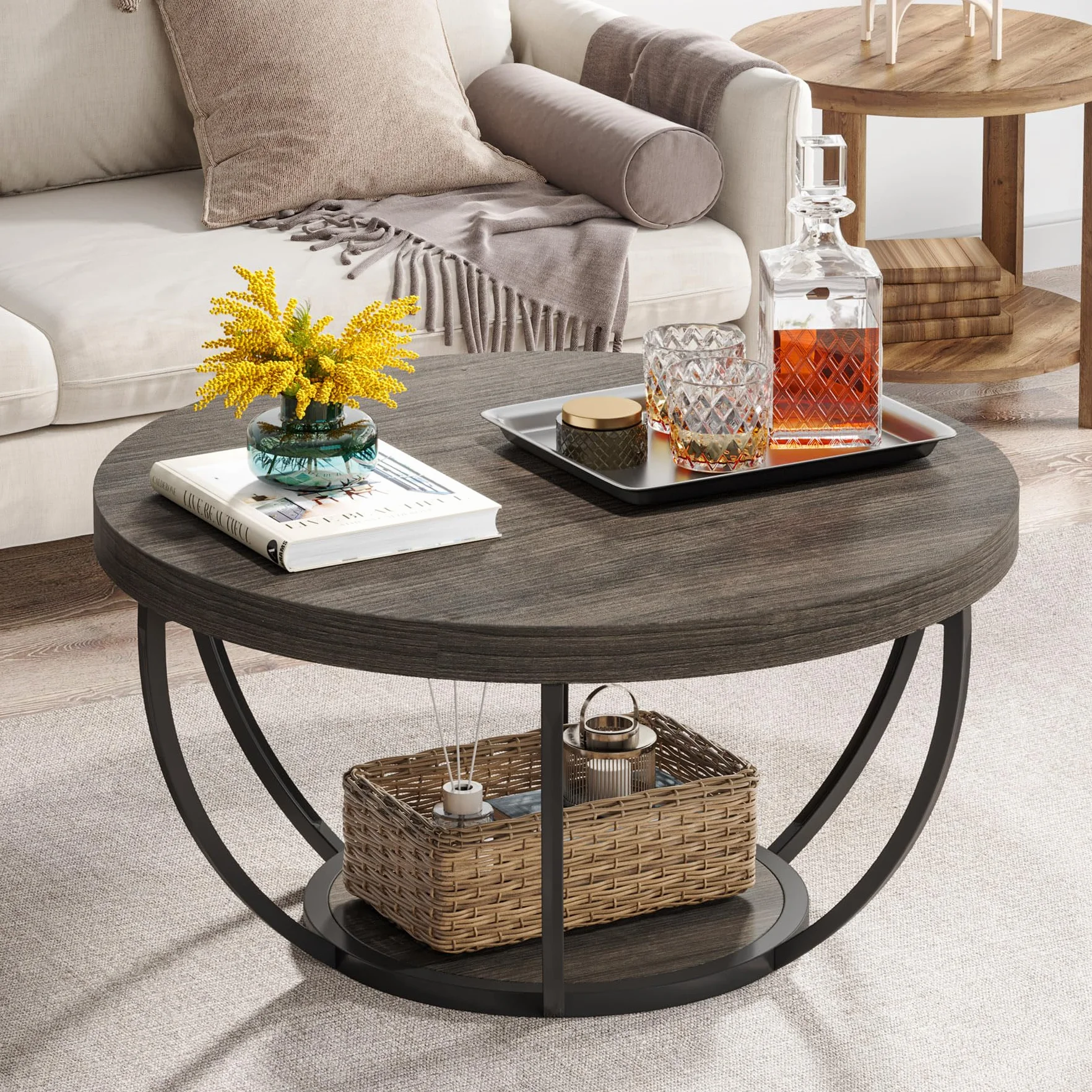 Tribesigns Mesa de Centro Redonda, 80 cm Mesa de Café Industrial Circular de 2 Niveles, Mesita Baja Sofá, Mesa Central Moderna de Madera para sofá, Mesa Auxiliar para Sala de Estar, Gris