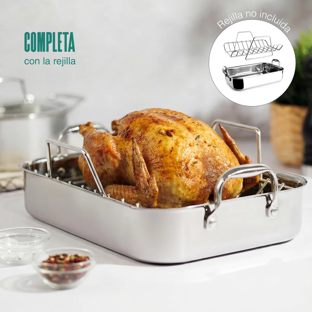 Lacor - 60865 - Rustidera TriChef, 35 x 26 cm, 5 Litros, Acero Inoxidable 18/10 y Aluminio Tricapa, Apta para Inducción, Horno y Lavavajillas, Asas Reforzadas, Distribución Uniforme del Calor