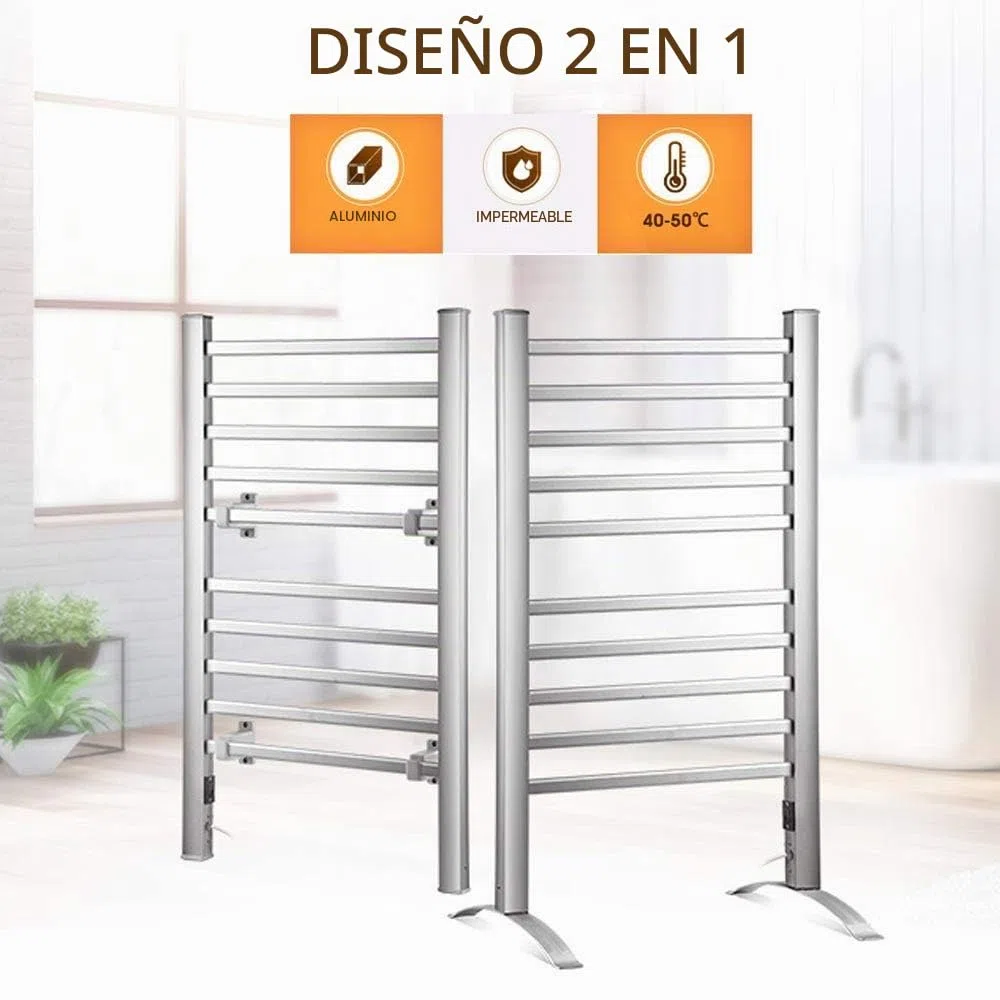Bakaji 2832768 Radiador Toallero Eléctrico Bajo Consumo Aluminio, 10 elementos, 2en1 suelo o pared
