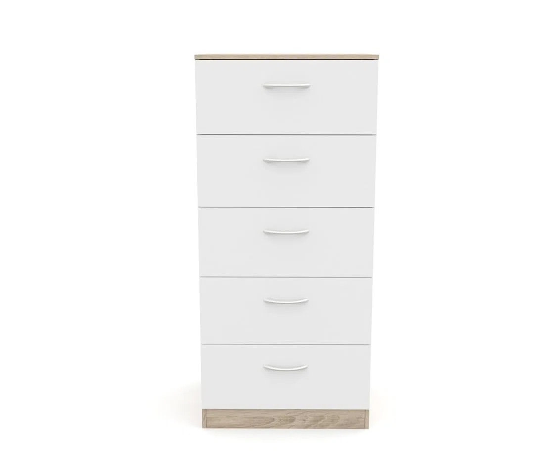 DORMIDAN- Sinfonier 5 cajones guías metálicas, cómoda Dormitorio, Altura 110cm. (Roble cajones Blanco)