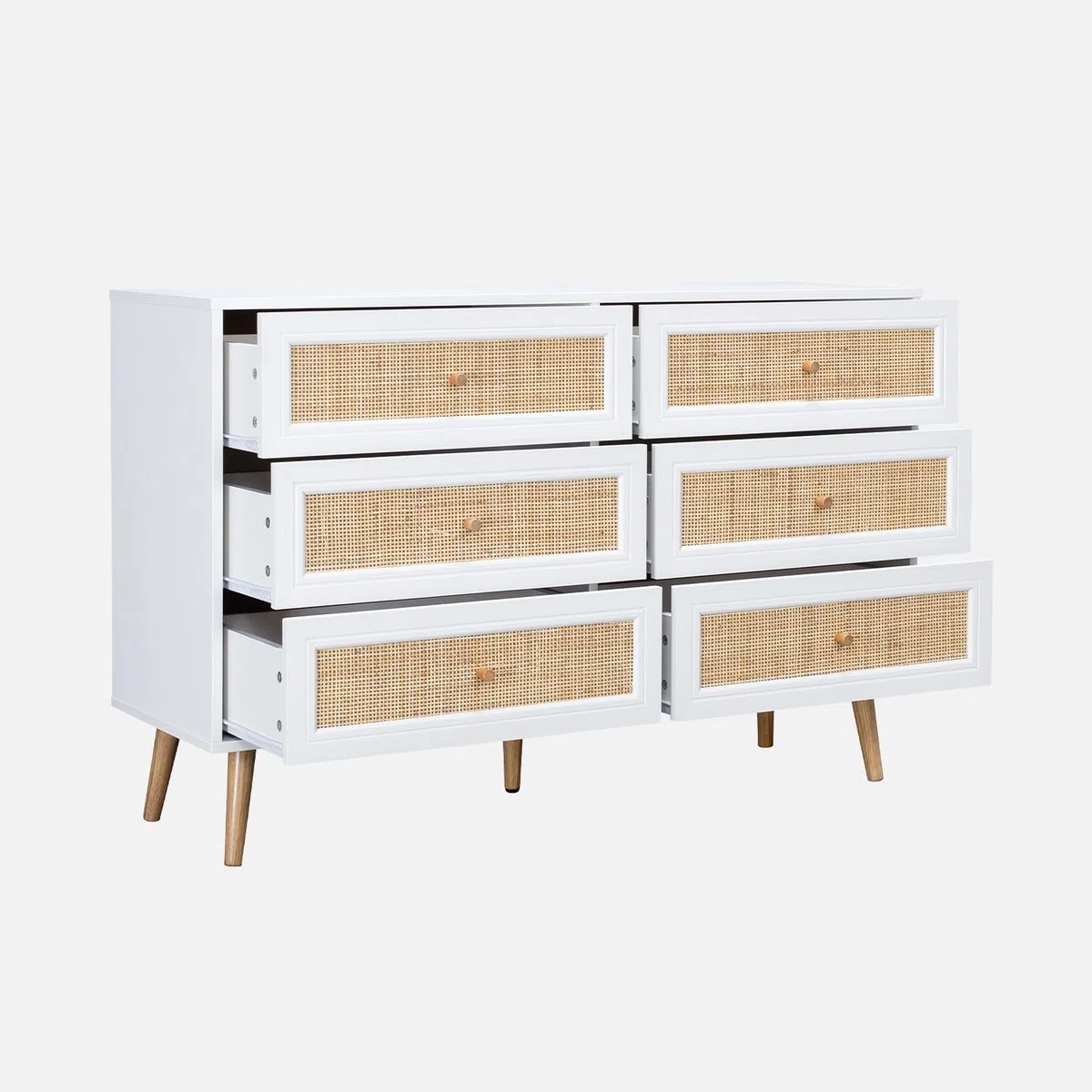 sweeek-Cómoda de 6 cajones con Efecto Madera y caña Blanco Roto - 120x39x79 cm