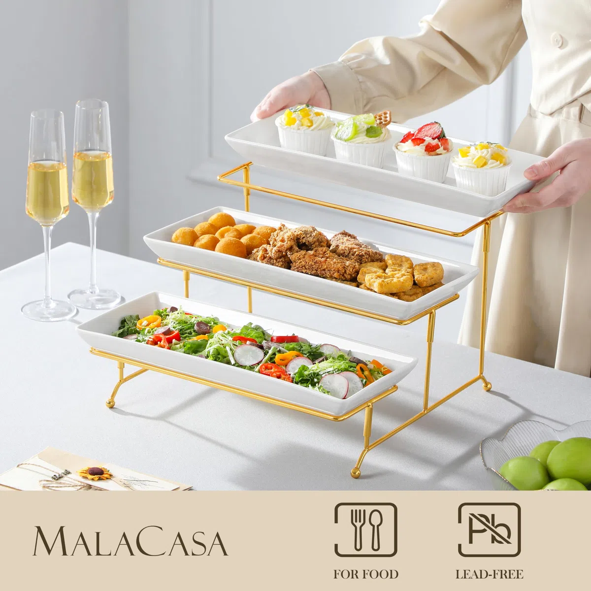 Bandejas 3 Pisos para Servir Comida, MALACASA Bandeja de Porcelana 36 x 15,3 cm, Bandeja para Fiestas con Soporte Plegable, Presentación de Alimentos, Fruta, Postres y Cupcakes, Blanco Dorado