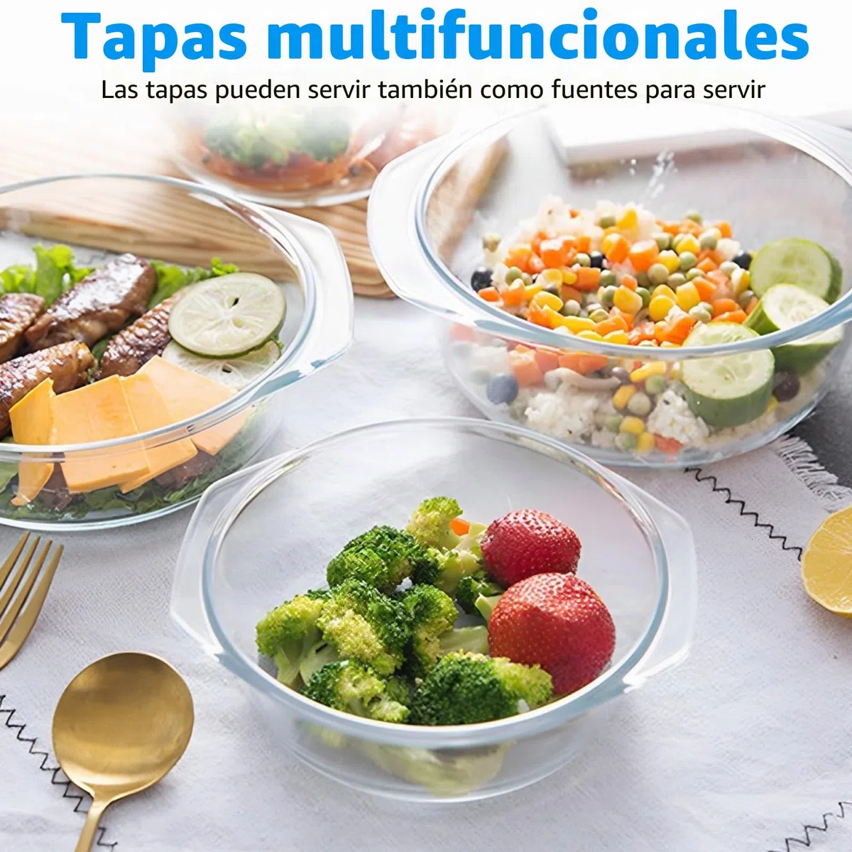 YAYODS 3 fuentes de cristal con tapa, 650/1000/1400 ml, redondas, para microondas con tapa redonda, apta para horno, con asas para ensalada de frutas, carne, microondas, horno