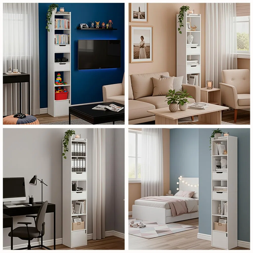 Marctani Libreria Estanteria Blanca con 6 Niveles y 3 Cajones - Estanteria Libros de Madera MDF - Libreria Estrecha y Alta con Almacenaje para Dormitorio, Salon, Baño. Book Shelf 33 x 24 x 181 cm