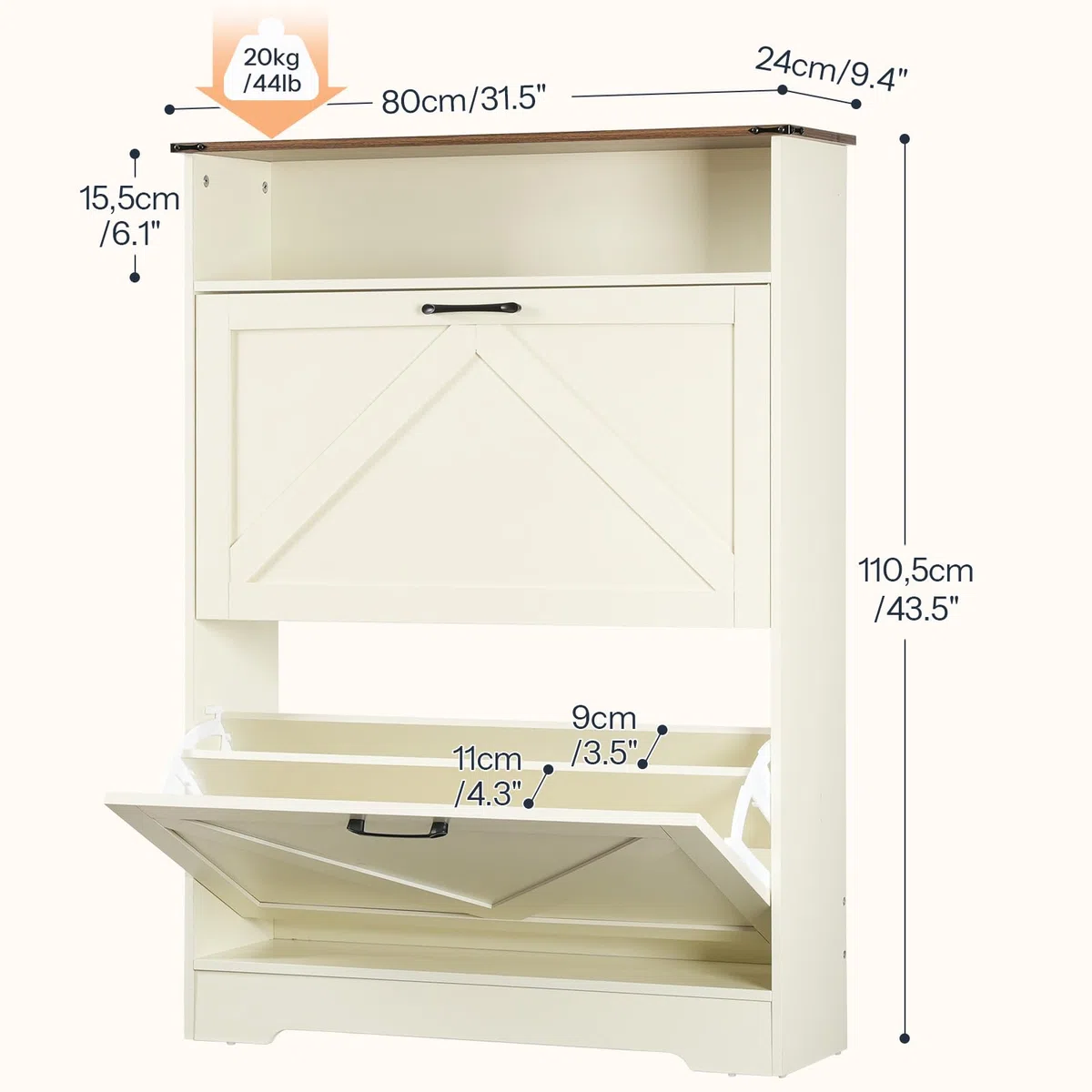 HOOBRO Zapatero de Pie con 2 Cajones Abatibles, Armario de Zapatos con Compartimentos Abiertos y Estantes Ajustables, Métodos de Montaje Frontal de 2 Cajones, Entrada, Blanco Cálido y Nogal EWH110SC01