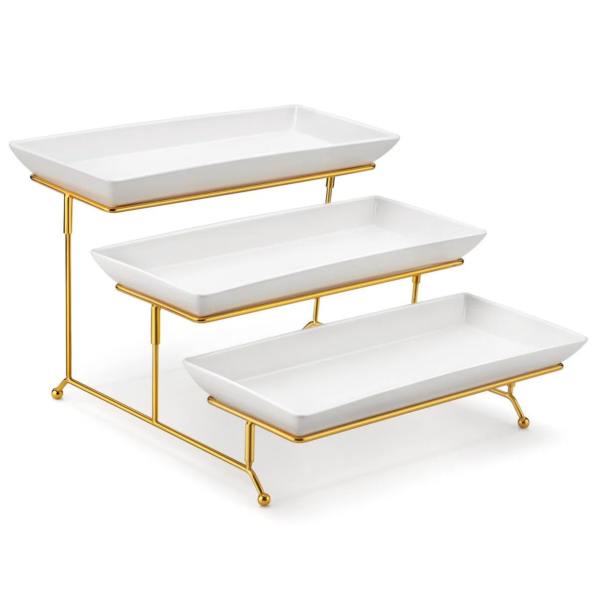Bandejas 3 Pisos para Servir Comida, MALACASA Bandeja de Porcelana 36 x 15,3 cm, Bandeja para Fiestas con Soporte Plegable, Presentación de Alimentos, Fruta, Postres y Cupcakes, Blanco Dorado
