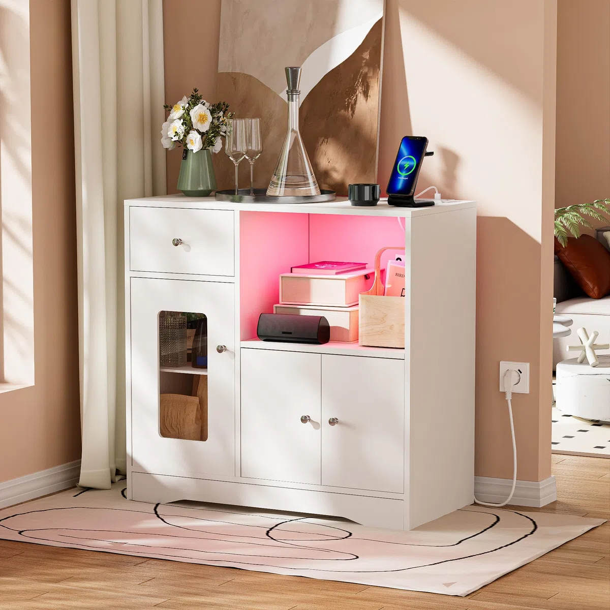 Aparador Cocina Mueble Auxiliar de Cocina Armario Buffet con Enchufe y LED, Mueble Microondas Cocina para Sala de Comedor Salón(Blanco, 83 x 40 x 80 cm)