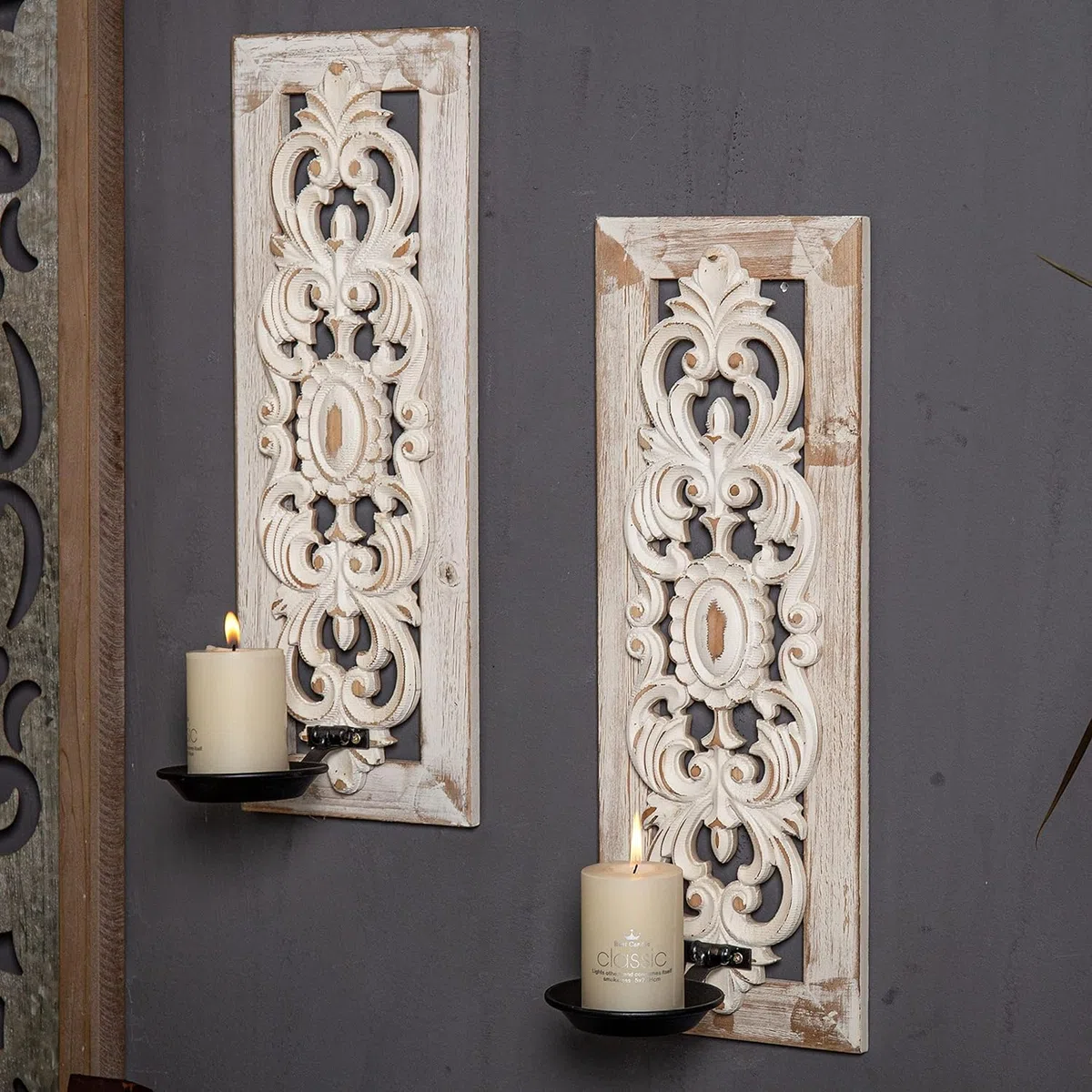 2 portavelas de pared de madera vintage, color blanco desgastado, para decoración de pared, para decoración de pared, para dormitorio, salón