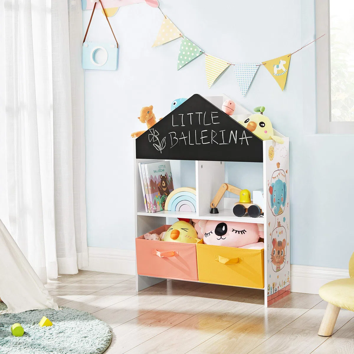 SONGMICS Estantería Infantil de Juguetes y Libros, Estantería para Niños, con Cajas, Estantes, para Habitación de los Niños, Sala de Juegos, Blanco, Negro, Naranja y Amarillo GKR320W01