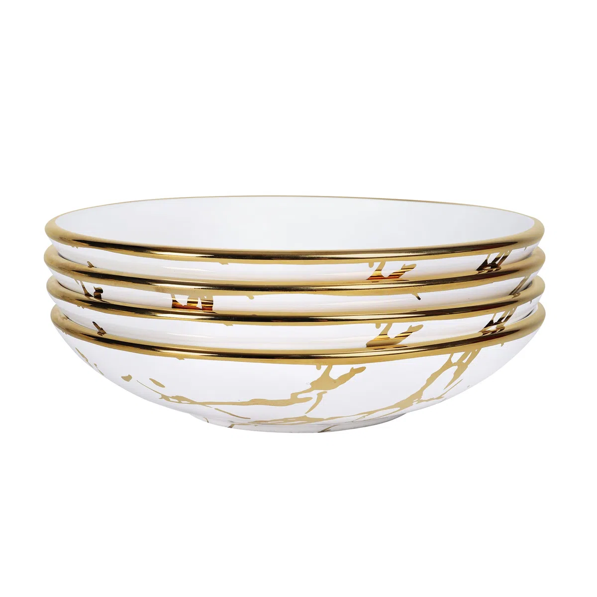 fanquare Juego de 4 Cuencos de Pasta de Porcelana de Mármol, Cuenco de Ensalada de 500 ml con Ribete Dorado, Apto para Lavavajillas y Microondas