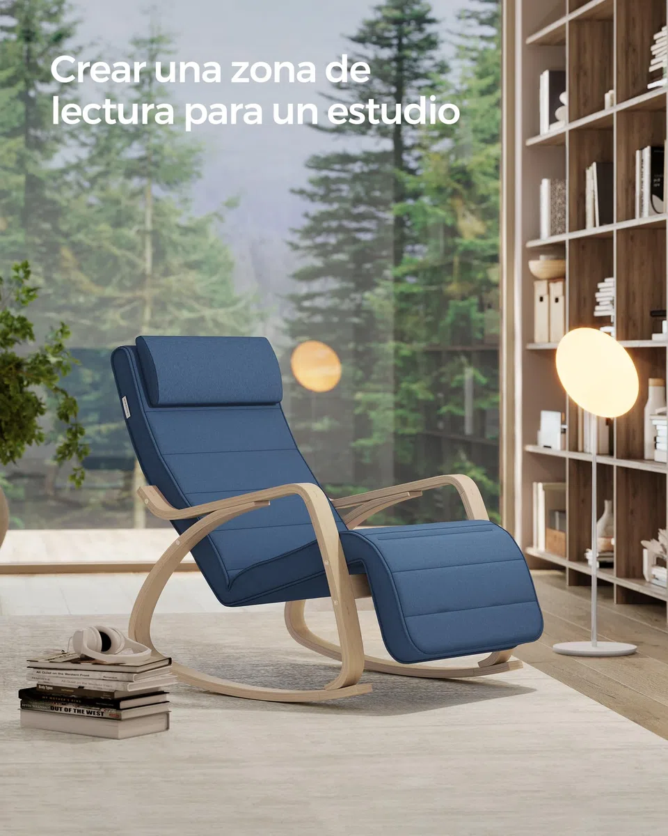 SONGMICS Silla Mecedora, con Apoyabrazos de Madera de Abedul, Silla Mecedora con Reposapiés Ajustable en 5 Posiciones, Máx. Carga de 150 kg, Dormitorio, Salón, Azul Medianoche y Natural LYY010Q01