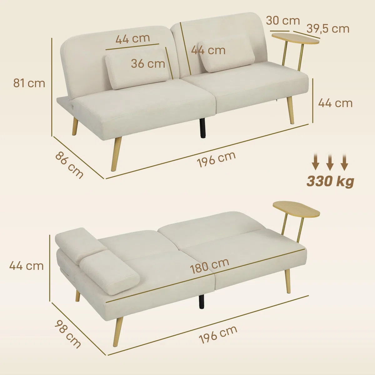 HOMCOM Sofá Cama de 3 Plazas con Mesa Auxiliar, 3 en 1, Sofá Cama Convertible con Respaldo Ajustable, Apertura Clik-Clak, 2 Almohadas para Reposabrazos y Patas de Metal, 196x86x81 cm, Beige