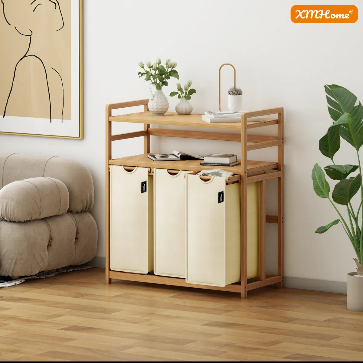 cesto para la ropa sucia con 3 compartimentos de 148 litros de bambú con 2 niveles Gran cesto de lavandería con bolsa extraíble rectangular Caja de lavandería para baño dormitorio y lavandería