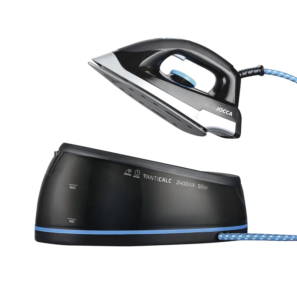 Jocca - Centro de planchado 2400W con vapor continuo y golpe de vapor | 5 bares de presión | Depósito 2 L | Suela cerámica MAX | Antical y autolimpieza | Planchado vertical y horizontal