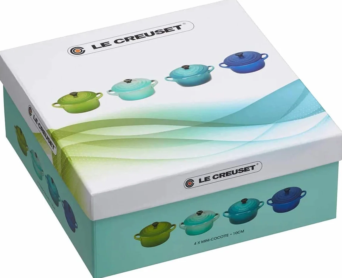 LE CREUSET Set de 4 mini cocottes de cerámica de gres, 250 ml, ⌀ 10 cm, Verde y azul, 79212105139100