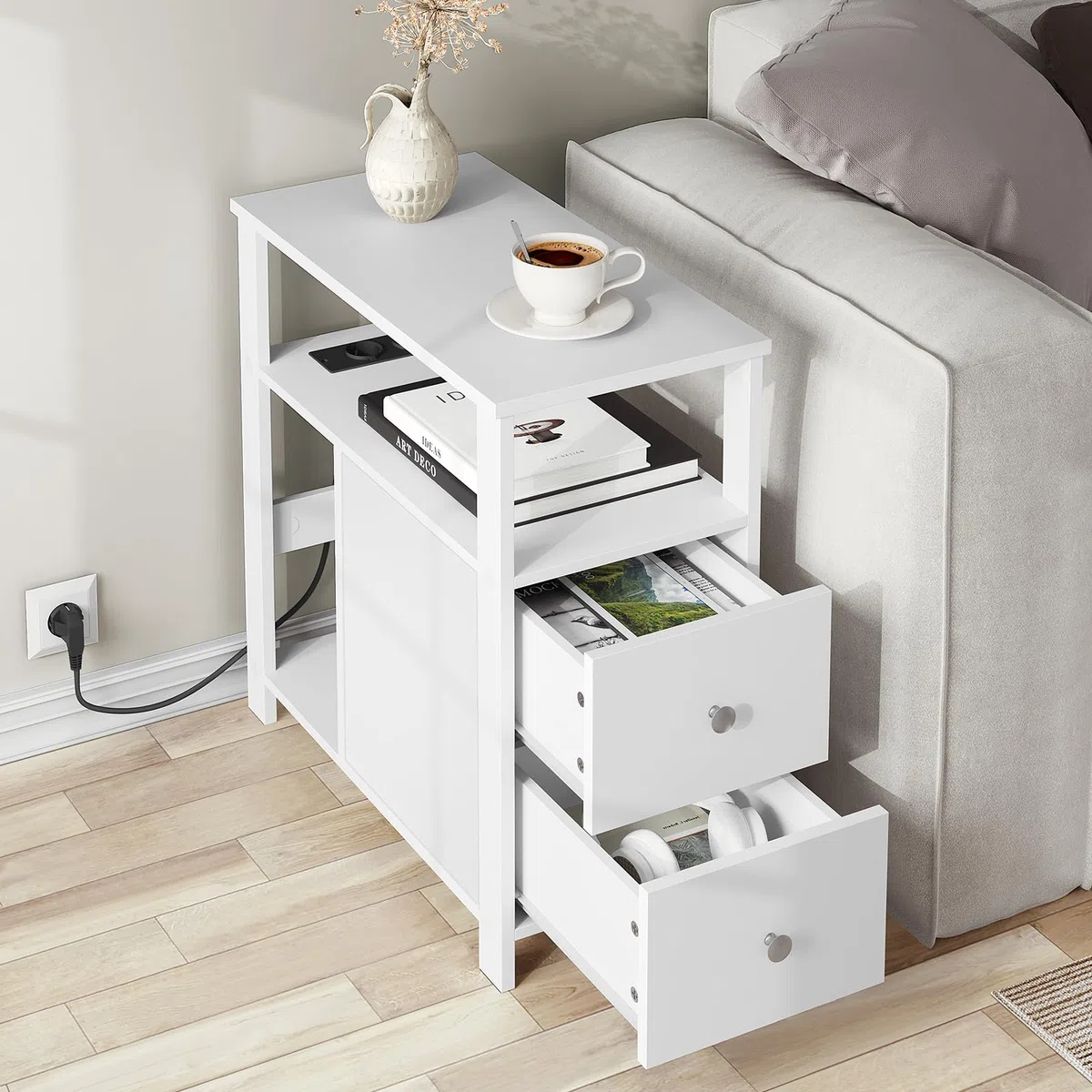 WOLTU Mesita Auxiliar con Enchufe, Mesa Centro con 2 Cajones y 2 Estantes, Mesilla con Enchufe y Puertos USB, para Salón y Dormitorio, Blanco, 60x60x30 cm, BTS28ws