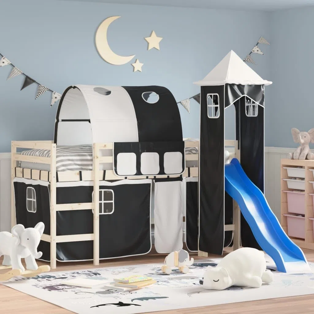 vidaXL Cortinas para Cama Alta con Túnel y Torre, Cortinas para Litera con Bolsillos, Dosel para Niños, Decoraciones para Dormitorio, Blanco y Negro