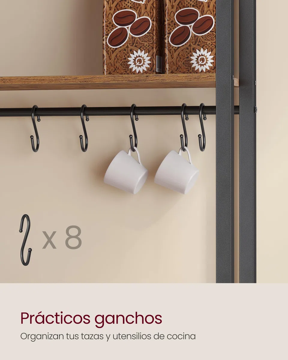 VASAGLE Estantería de Cocina con Enchufes, Altura de 90 cm, Estantería para Microondas con 8 Ganchos, 40 x 60 x 170 cm, Marrón Rústico y Negro Tinta KKS058K02