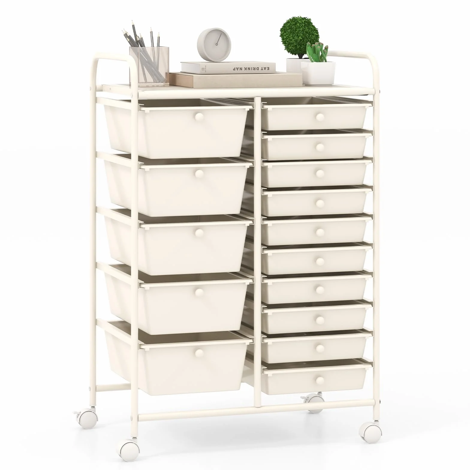 COSTWAY Carrito Auxiliar con Ruedas, Carro Almacenaje con 15 Cajones Apilables, Carrito Organizador con Ruedas Bloqueables de Metal para Cocina Oficina, Baño, 37x63x87cm (Blanco)