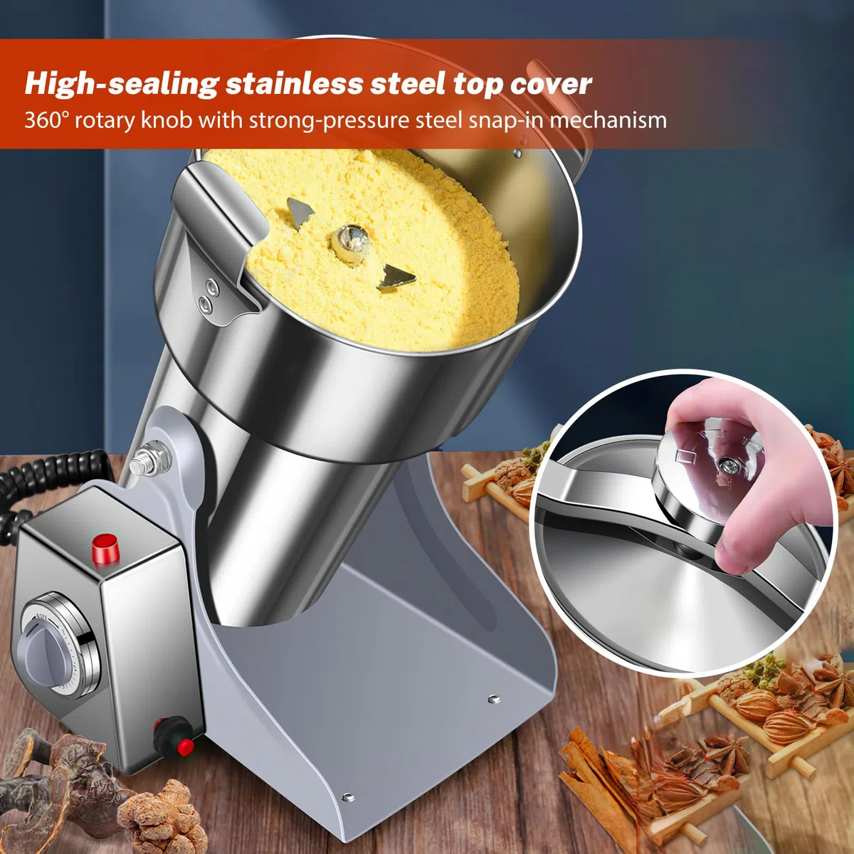 Molino de Cereales Eléctrico 800g,Molinillo de Especias Comercial 3500W,28000 RPM, Fabricado en Acero Inoxidable 304, para Cereales, Especias, Café y Hierbas
