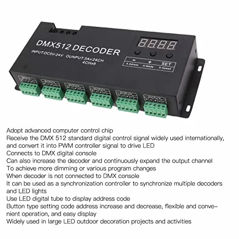 Decodificador DMX de 24 Canales, Decodificador DMX512 Controlador LED RGB 60A PWM DMX512 Controlador de Atenuación para Tiras LED RGB, DC 5V-24V Alta Potencia Sin Parpadeo