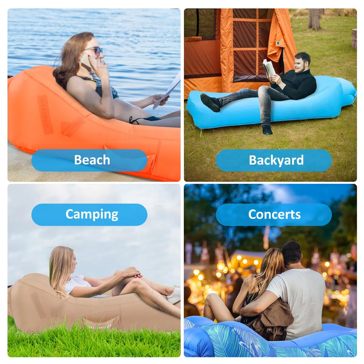 Tumbona inflable con diseño único de sombra, cama de playa inflable con almohada, sofá inflable impermeable, silla de camping, hamaca para senderismo, patio, viajes, playa, picnic (naranja)