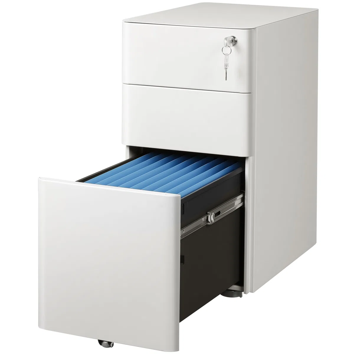 DEVAISE Carrito de Oficina con 3 Cajones Bloqueables, Mueble Bajo Escritorio Multifunción, Repositorio para Impresora y Archivador con Ruedas, Blanco