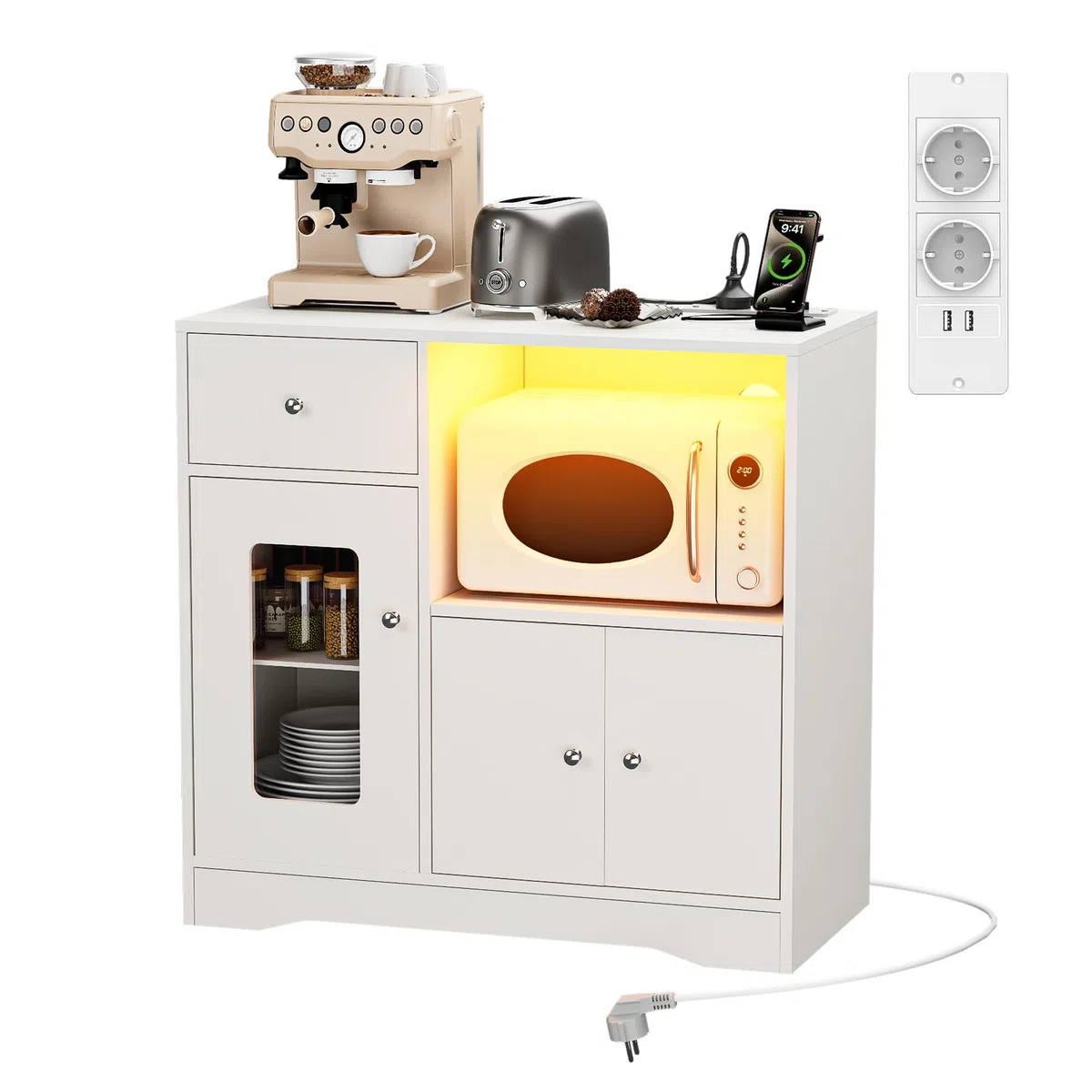 Aparador Cocina Mueble Auxiliar de Cocina Armario Buffet con Enchufe y LED, Mueble Microondas Cocina para Sala de Comedor Salón(Blanco, 83 x 40 x 80 cm)