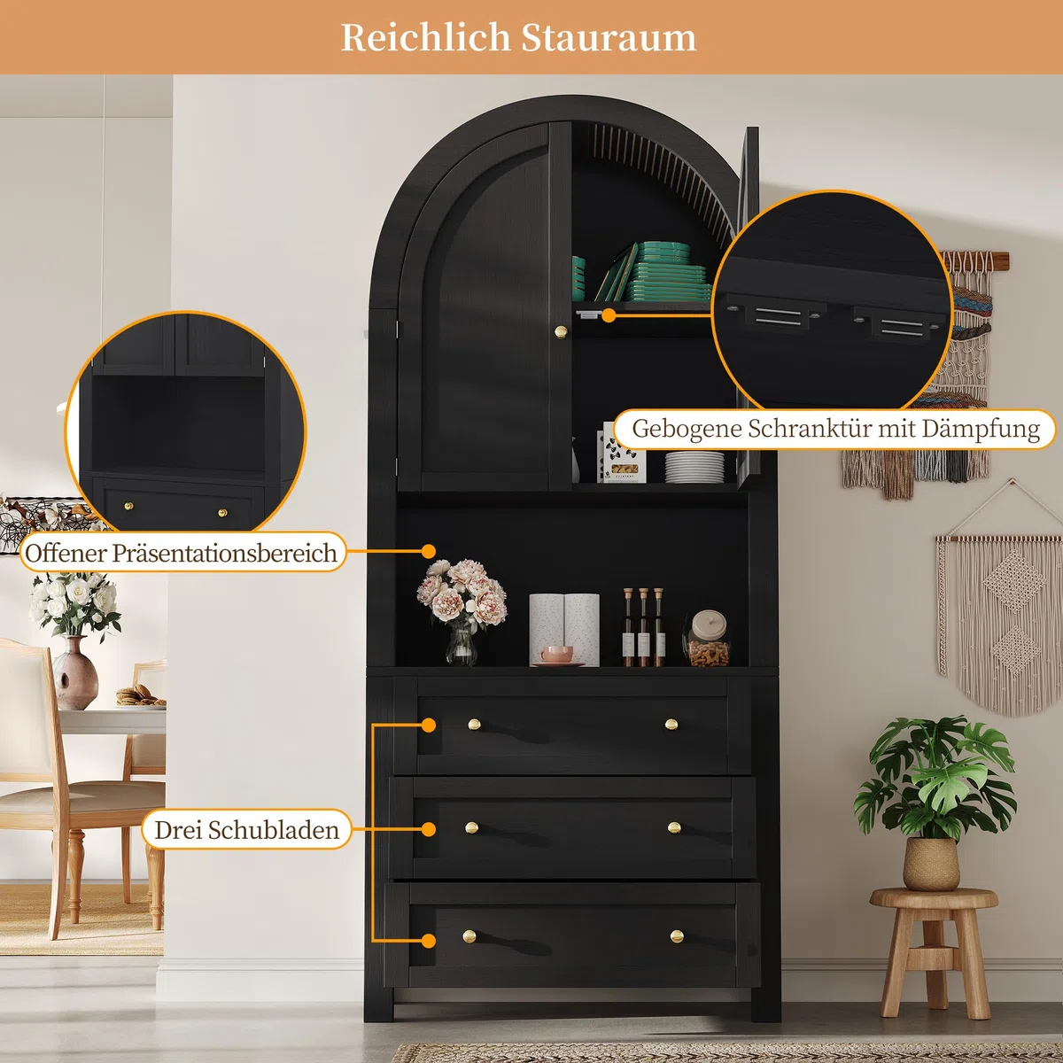 Merax Armario alto de 180 cm, armario multiusos con 2 puertas, 3 cajones, armario de almacenamiento abierto, armario de vitrina para salón, oficina, cocina, armario de cocina de arco alto, color negro
