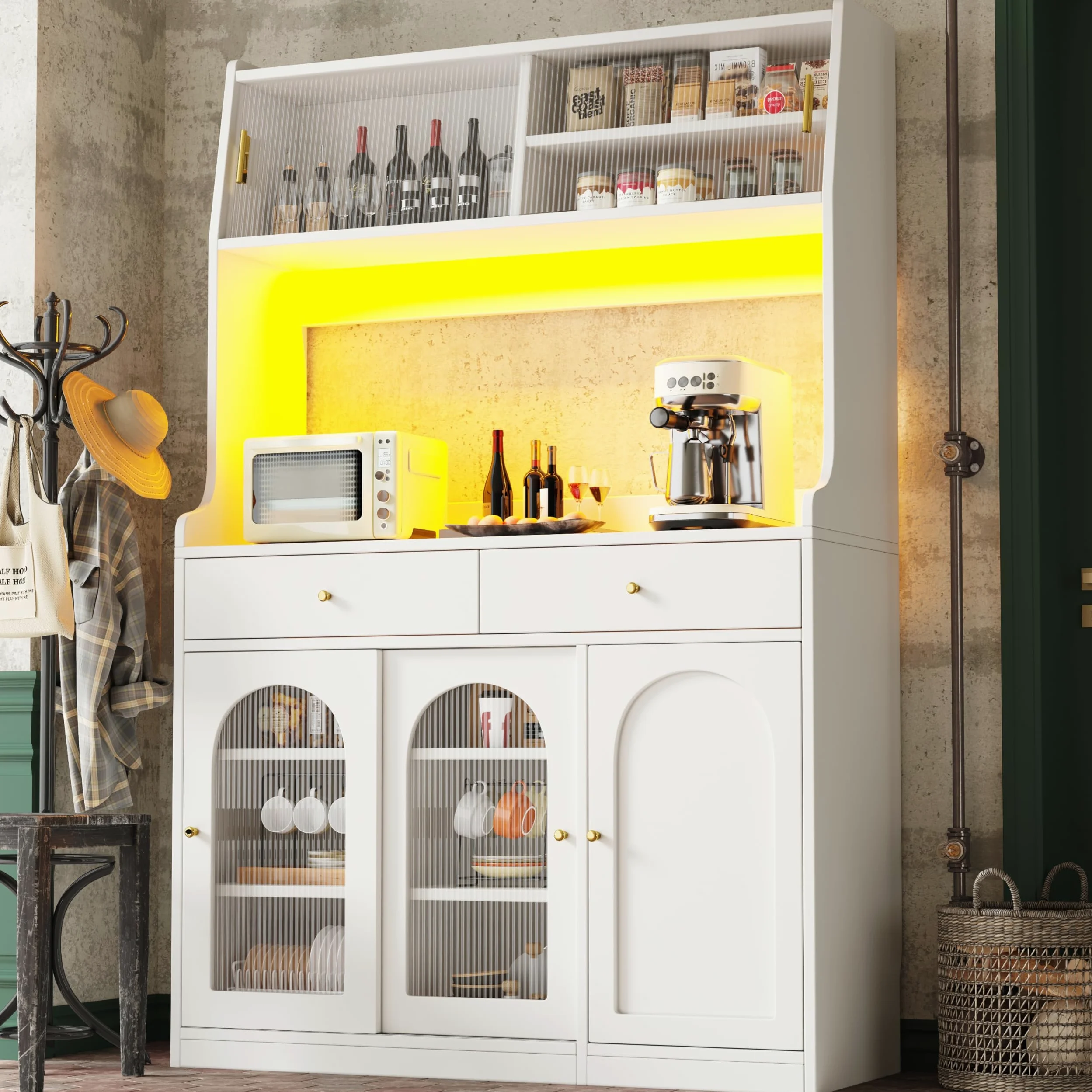 Armario de cocina alto con cajones y puertas correderas de cristal, 120 x 40 x 180 cm, armario alto con estantes ajustables, encimera ancha, armario multiusos (blanco)