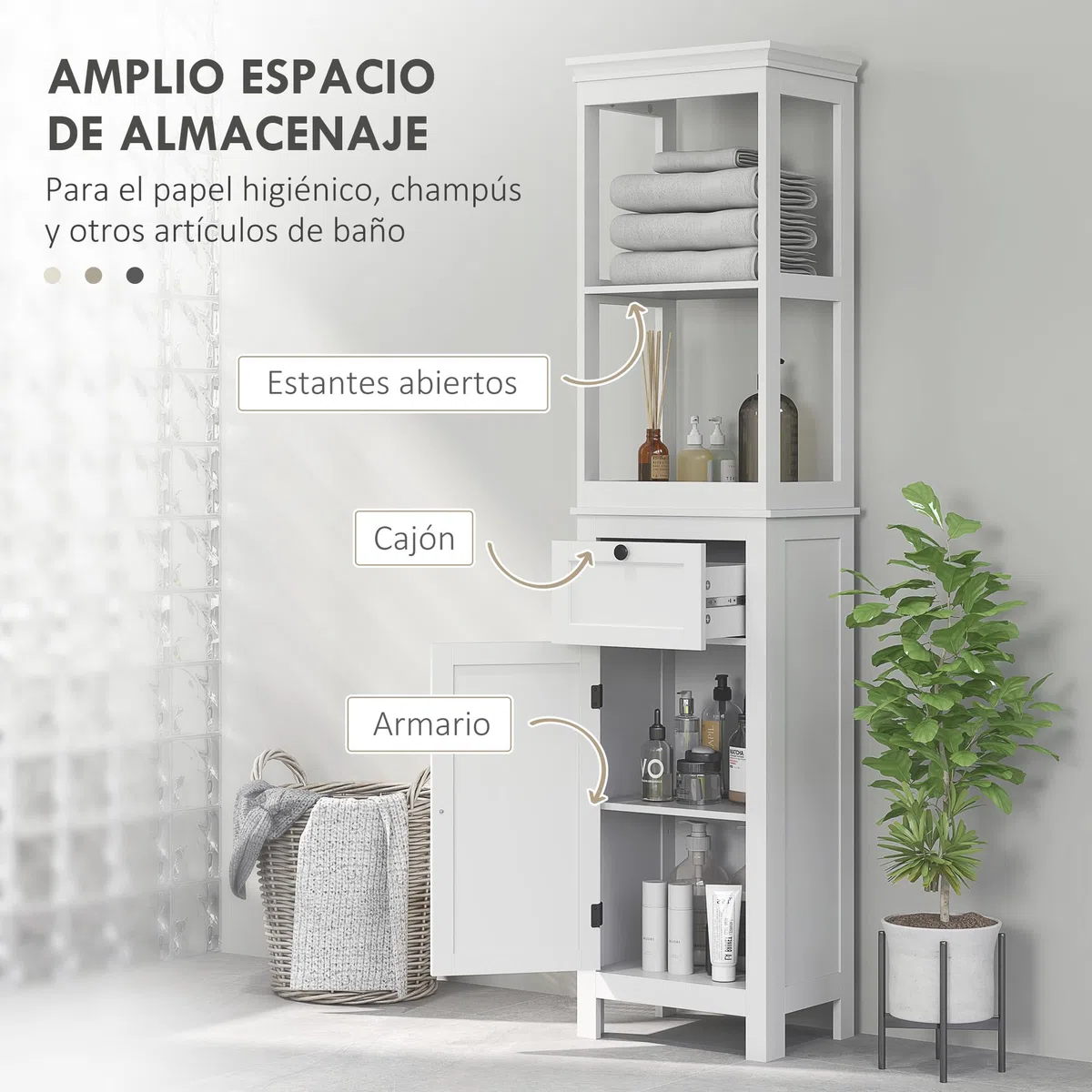 HOMCOM Columna de Baño Armario de Baño 40x30x165 cm con Cajón Puerta Estante Ajustable y 2 Compartimientos Estilo Moderno Blanco