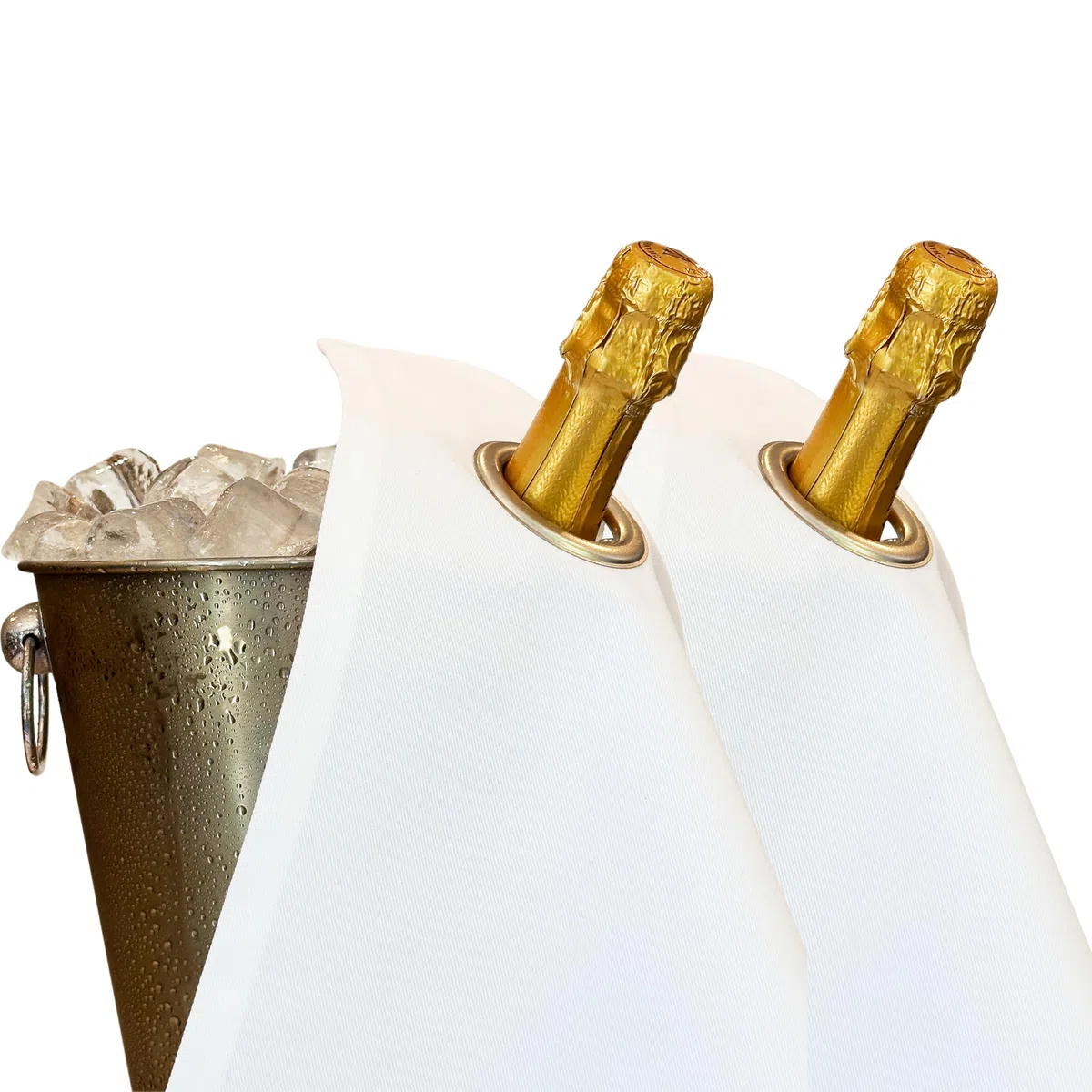 Classic Collection - Paños para botellas con anillo de metal para cubos de hielo, algodón, 42 cm, agujero en la esquina (blanco con anillo plateado, paquete de 2)