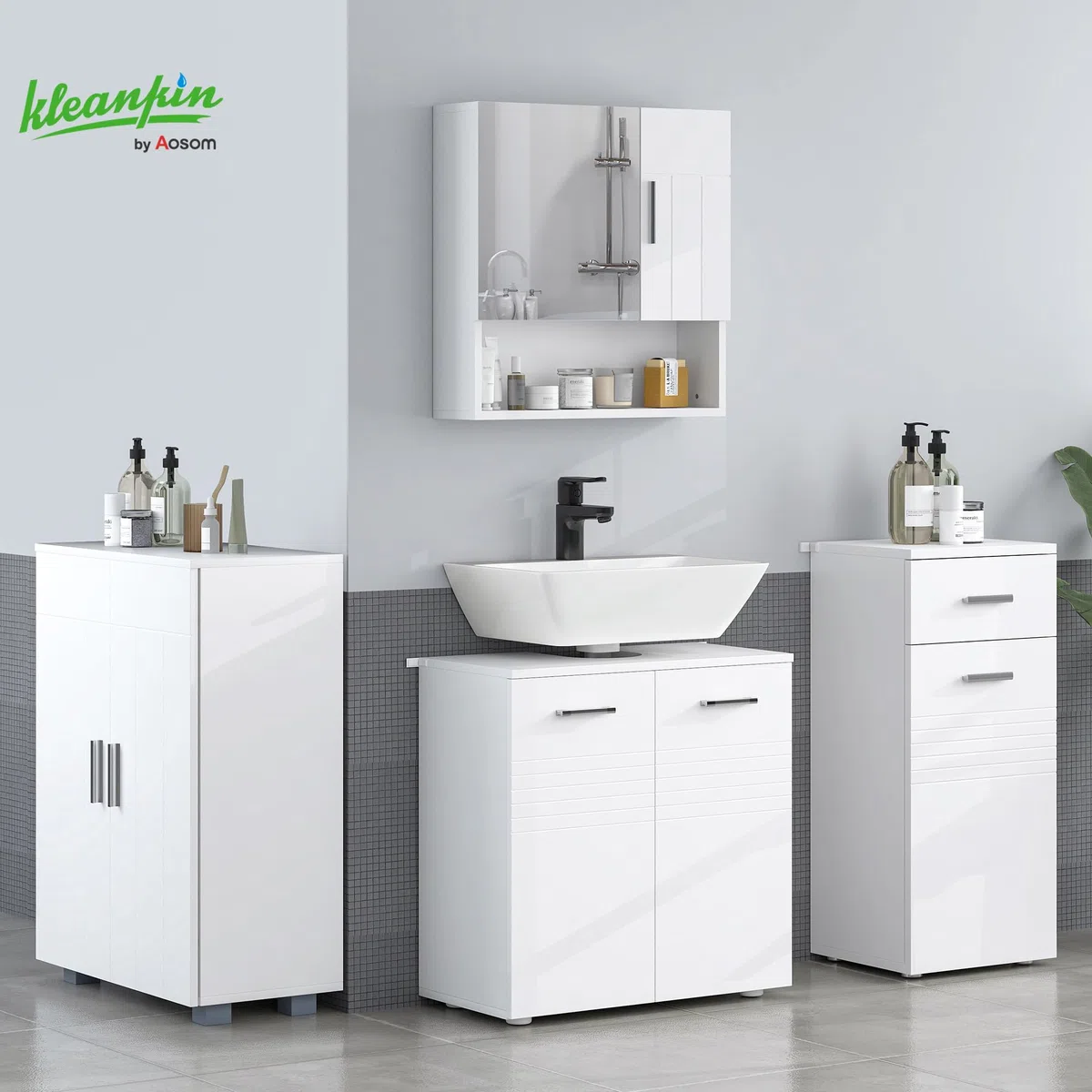 kleankin Mueble para Debajo del Lavabo Armario de Baño de Pared con 2 Puertas y Estante Interior Ajustable Estilo Moderno 60x30x62,5 cm Blanco