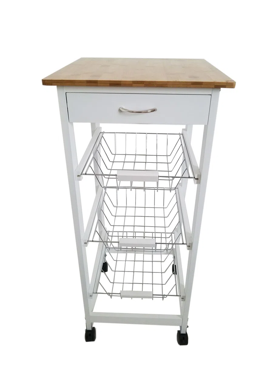 Verdulero frutero, Carro de Cocina con Ruedas, 37x37x85 Blanco Tapa Madera Oporto 6