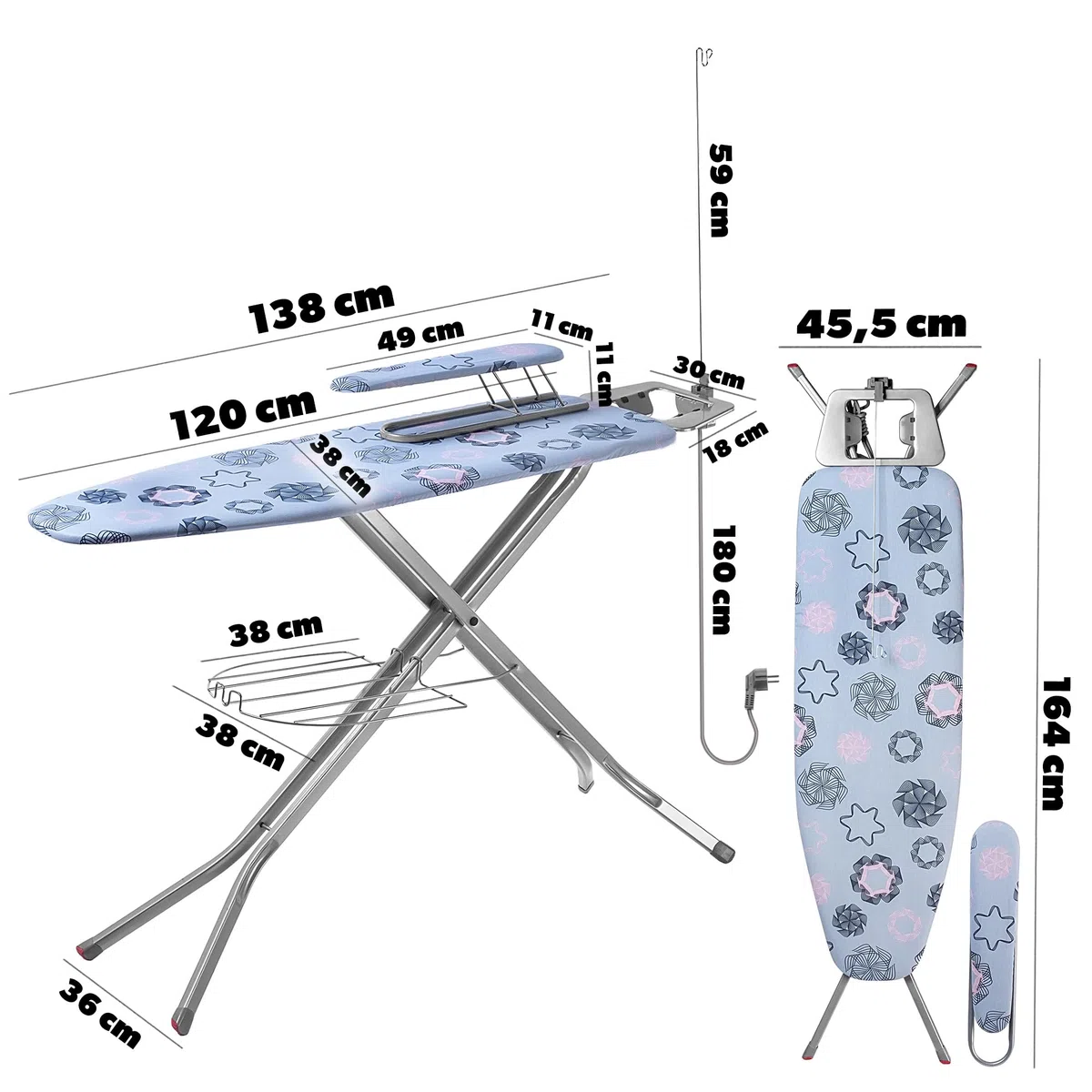 KADAX Tabla de Planchar de Acero con Funda de Algodón, Enchufe, Altura Regulable, Estante para Ropa y Soporte para Plancha, Mesa Plegable (Azul)