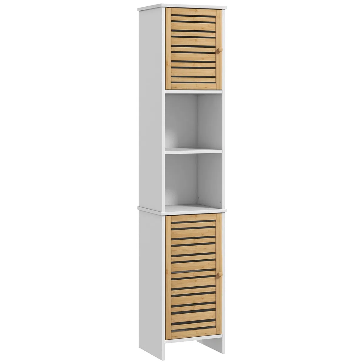 HOMCOM Columna de Baño Moderna Armario Alto de Baño con Estantes Ajustable y Puerta de Bambú Anti-vuelco 35x30x170 cm Blanco y Natural