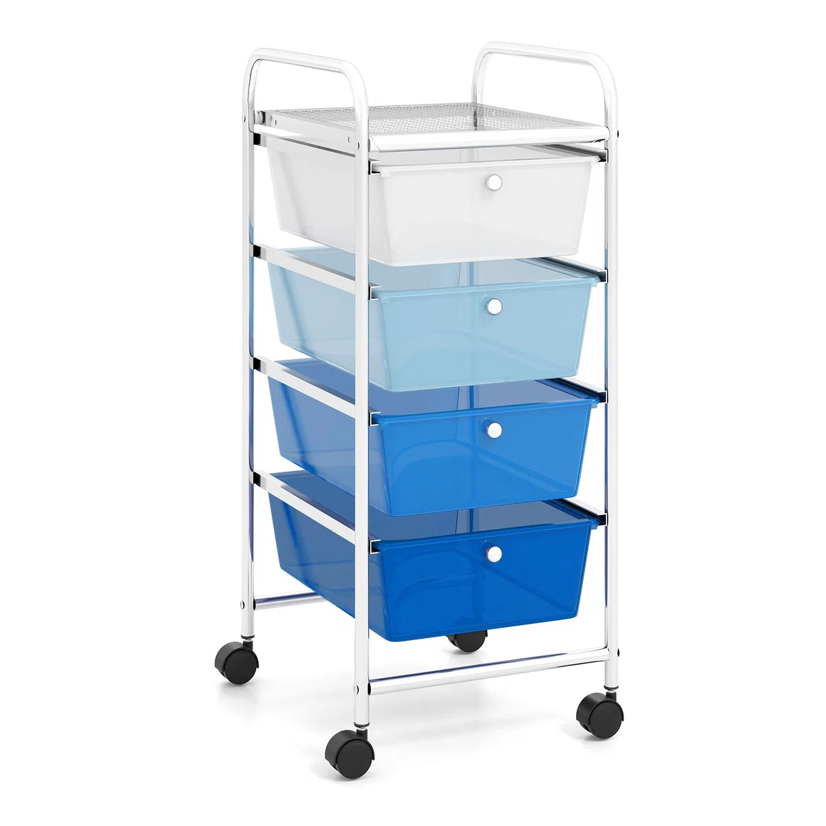 GOPLUS Carrito Auxiliar con 4 Cajones y Ruedas Giratorias Universales, Carro de Almacenaje con Estructura de Acero, Carrito de Utilidad para Oficina Casa, 37 x 32 x 76 cm (Azul)