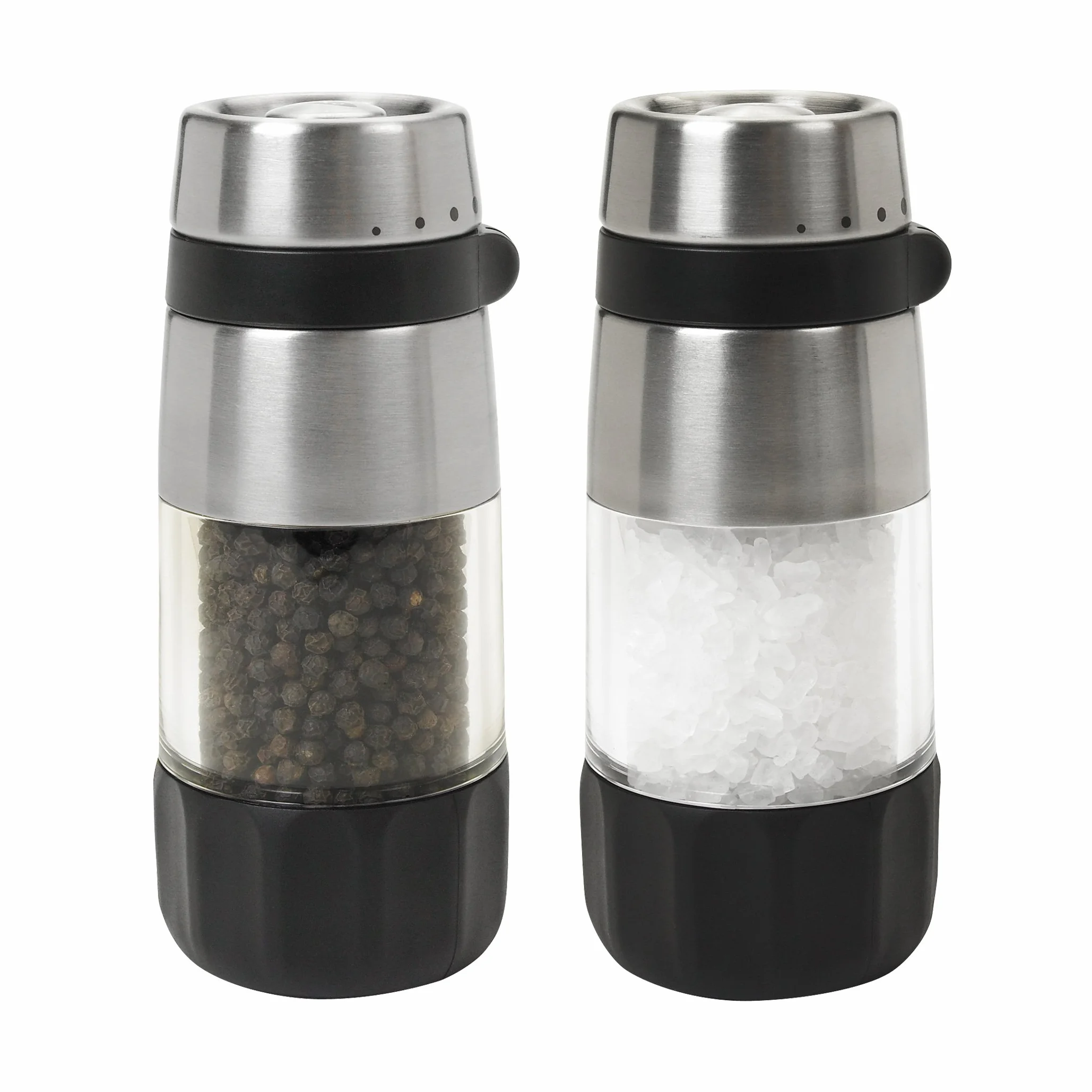 OXO Good Grips Juego de Sal y Pimienta Sin Desorden: Molinillos de Cerámica Ajustables + Botón Antideslizante + Recarga Fácil + Diseño sin Desorden para la Mesa (Juego de Molinillos de Sal y Pimienta)
