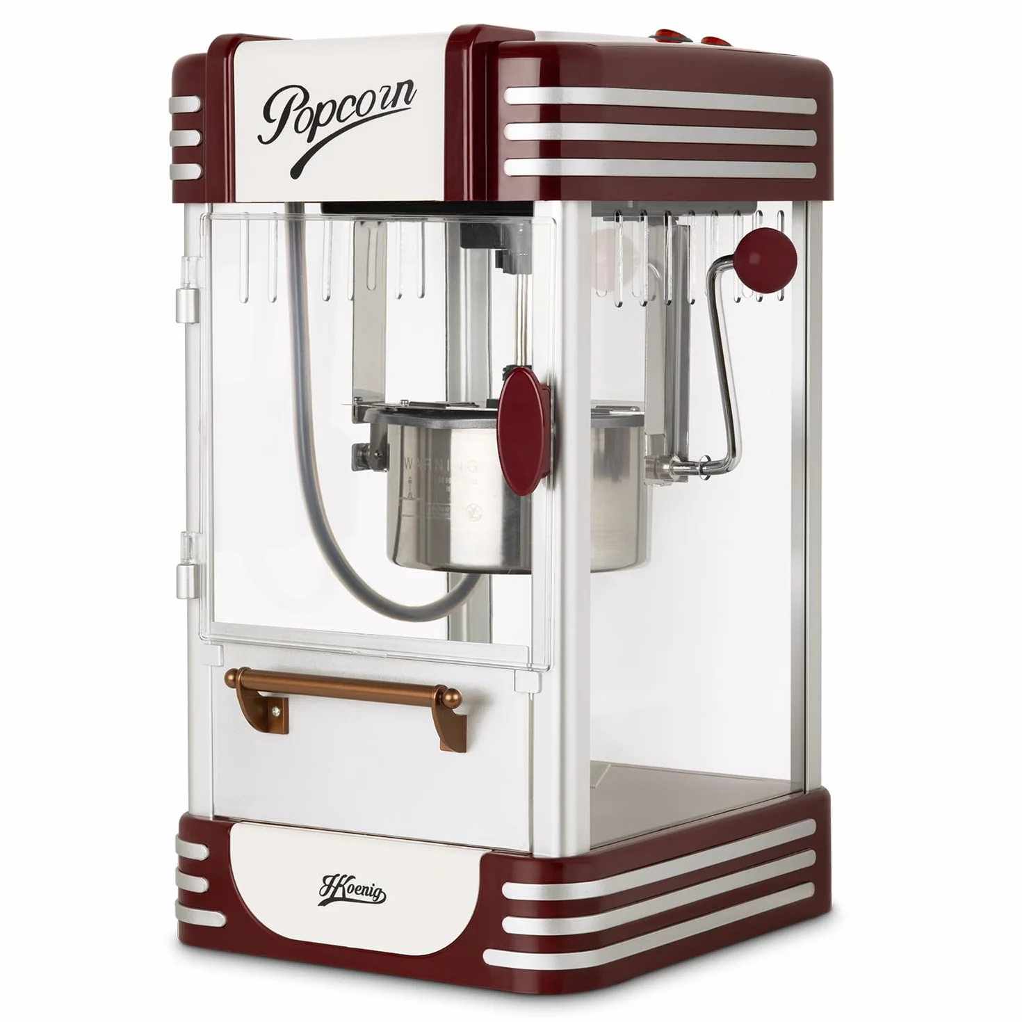 H.Koenig POP330 Maquina para Hacer Palomitas, Diseño Retro, Luz de Mantenimiento de Calor, Capacidad de Cacerola 50g en Acero Inoxidable, Puerta Magnetica, 360w