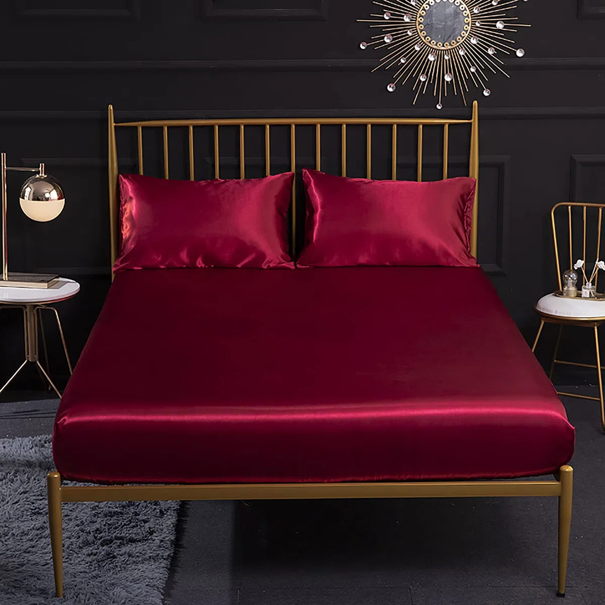Jemiipee Juego de Sabanas de Cama Raso Color Sólido, 1 x Sábana Bajera Ajustable 180x200 cm con 35 Bolsillo Profundo, 1 x Encimera y 2 x Fundas de Almohada, Rojo Burdeos