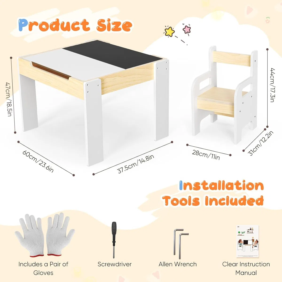 Conjunto de mesa y silla para niños, mesa y silla para leer comer jugar y jugar y jugar fácil de montar con bandeja reversible y extraíble y espacio de almacenamiento para niños de 1 a 3 años