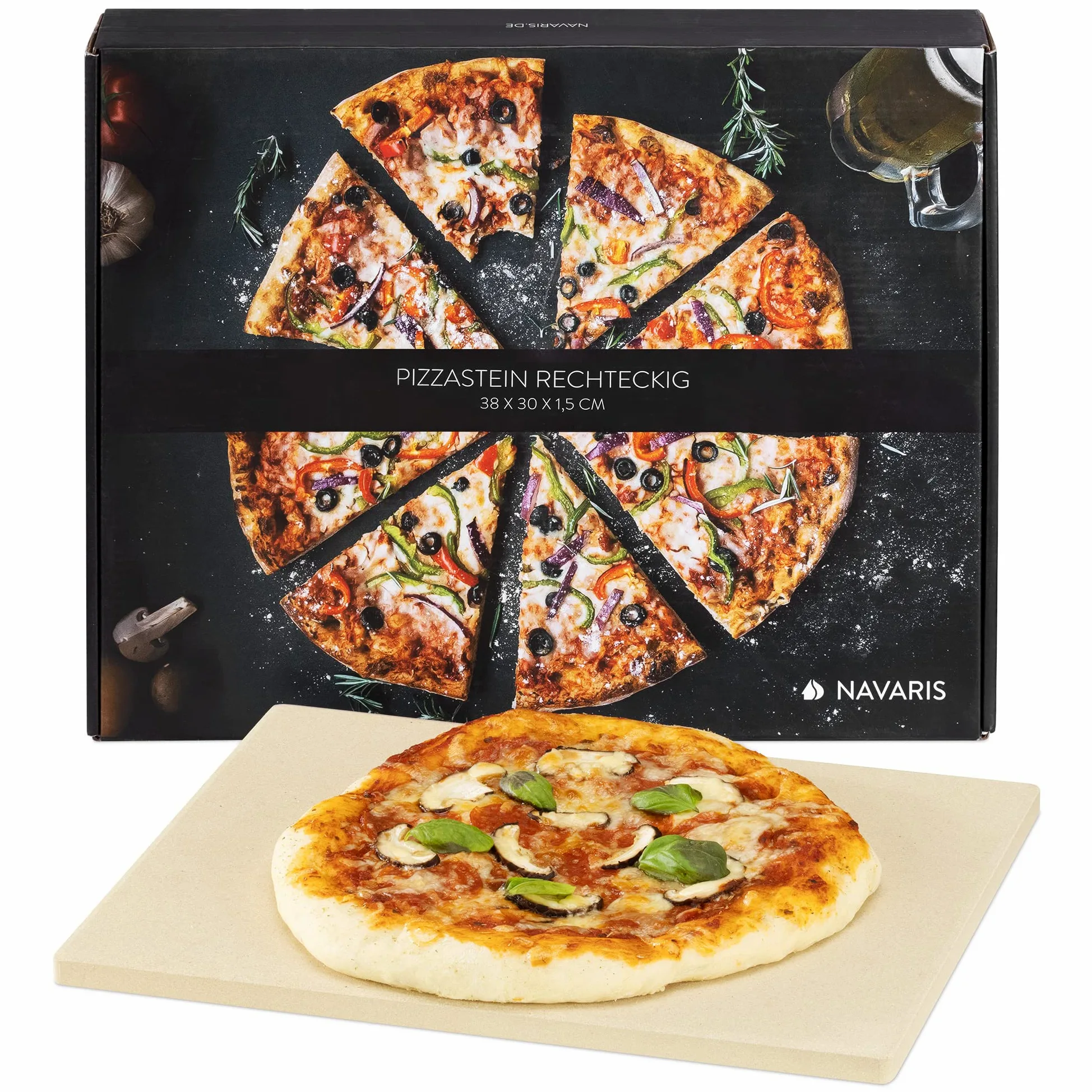 Navaris Piedra para pizza de cordierita - Piedra para horno rectangular para pizza o pan - Bandeja para parrilla barbacoa o grill - XL 38 x 30 x 1.5CM