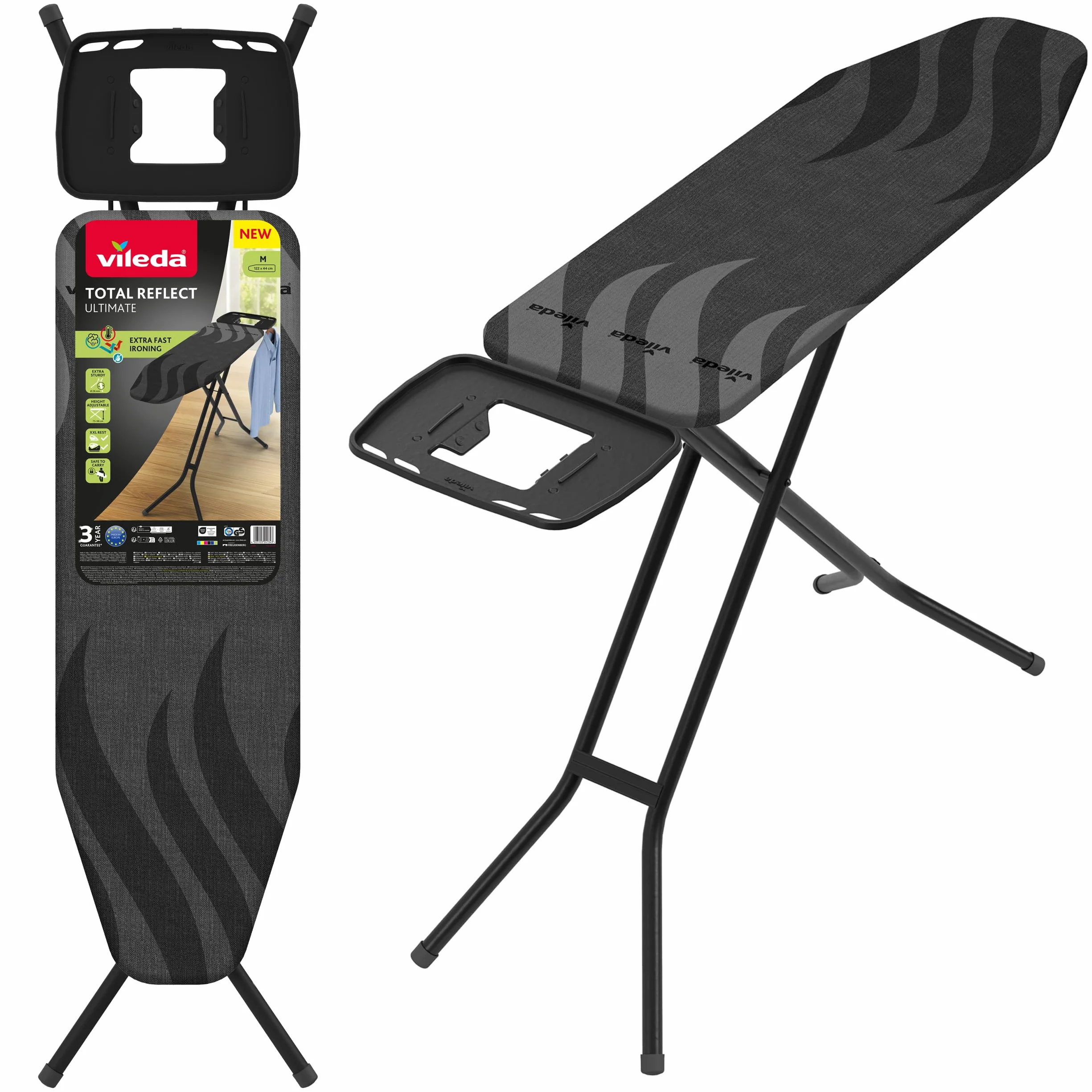 Vileda Tabla de Planchar Total Reflect Ultimate, Planchado Extra rápido, Extra Robusta, Superficie de Planchado Amplia, Altura Ajustable, Reposa Plancha XXL, Fácil de Plegar y de Guardar