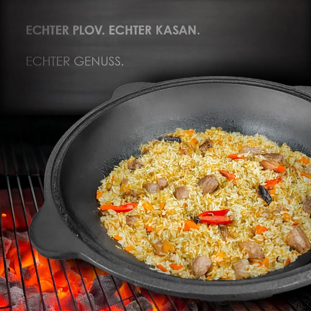 Kazan 12L de hierro fundido – Kazan uzbeko con tapa de aluminio y espumadera – Ø 48 cm – Ideal para Plov, Wok, horno de fuego y cocina al aire libre
