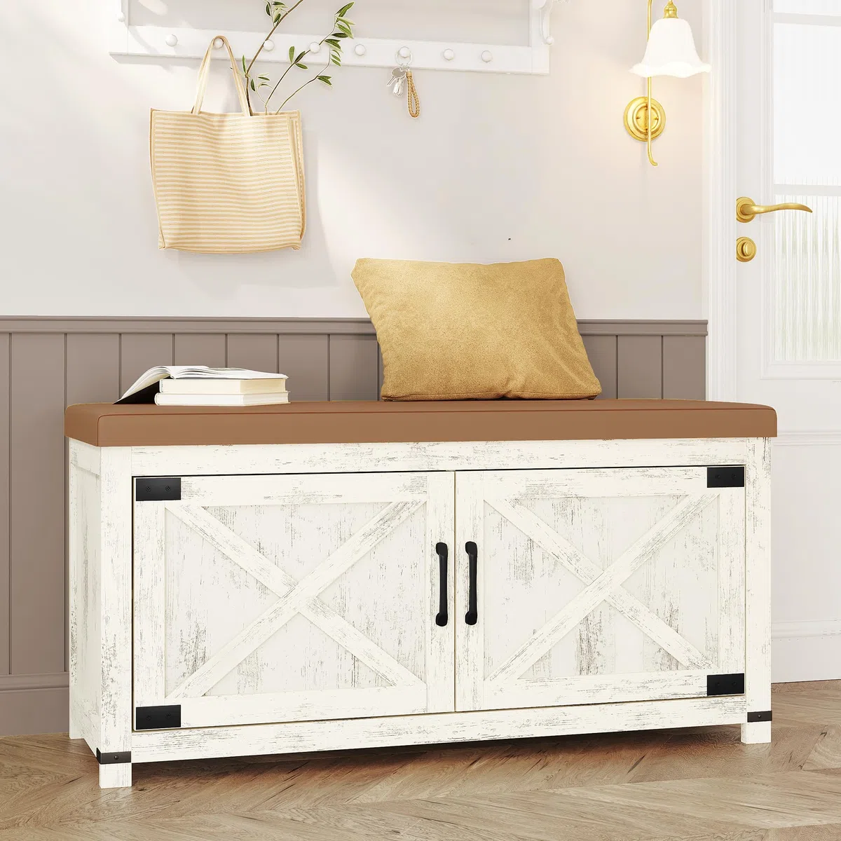 Hzuaneri Banco Zapatero con cojín, Mueble Zapatero Entrada con Puertas, 8 Pares de Zapatos, 35 x 100 x 49 cm, Entrada, Dormitorio, Sala de Estar, Blanco y marrón SB26614KA