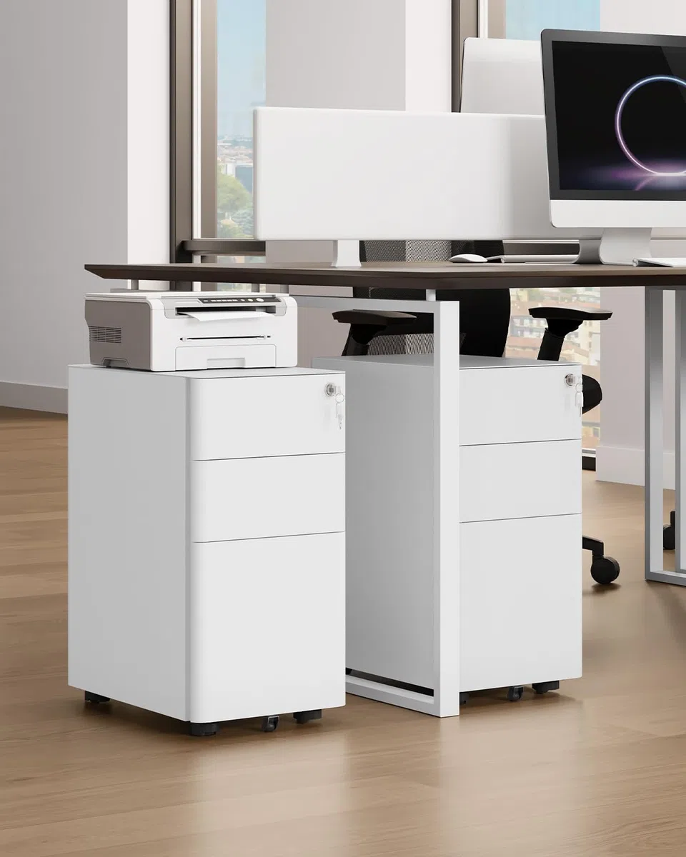 YITAHOME Cajonera de Oficina con 3 Cajones, Armario Archivador Metalico con Ruedas, Móvil Mueble Oficina Archivador con Cerradura y Llave para Carta/A4, Blanco, 46 x 30 x 59cm